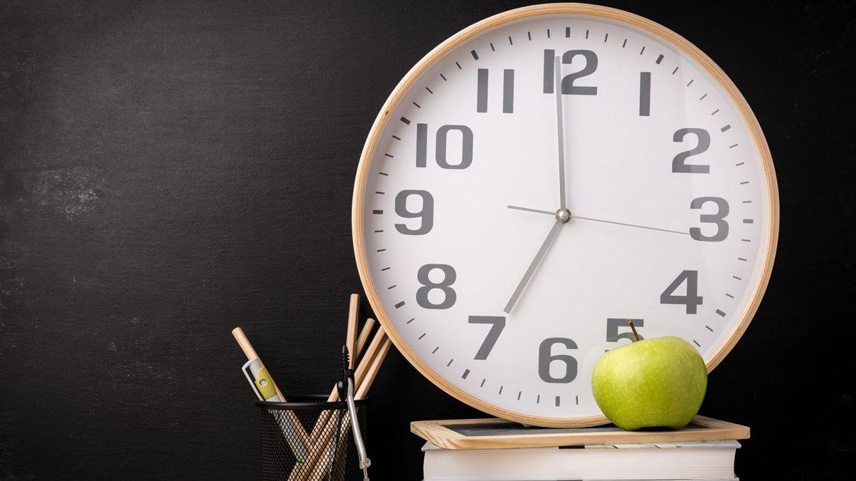 Composed stacked books with clock and fresh apple in arrangement with school stationery. ; Shutterstock ID 768035833; Purchase Order: TODAY.com; Segment/Job:  ; Client/Licensee:  ; Other: