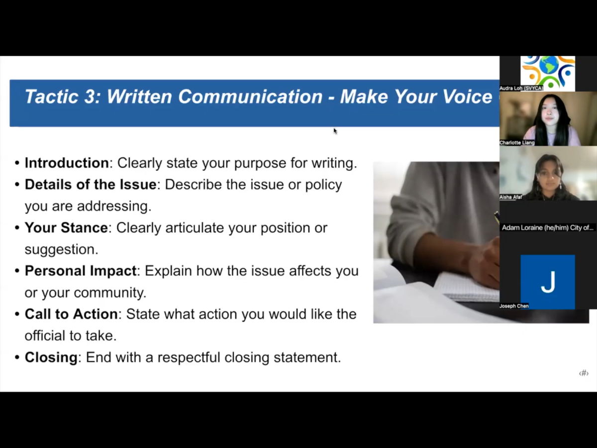 “Charlotte Liang’s presentation highlighted strategies for effective communication, including writing letters, signing petitions, and giving public comments at city council meetings.”