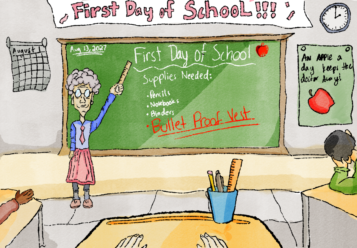 CARTOON: New year, new supplies: pencils, notebooks, binders, and ... a bullet proof vest? A grim reflection on the normalization of gun violence. 

"First Day of School!!!" by Joon Russo (12), Thunderbolt Creative Committee Graphic Artist