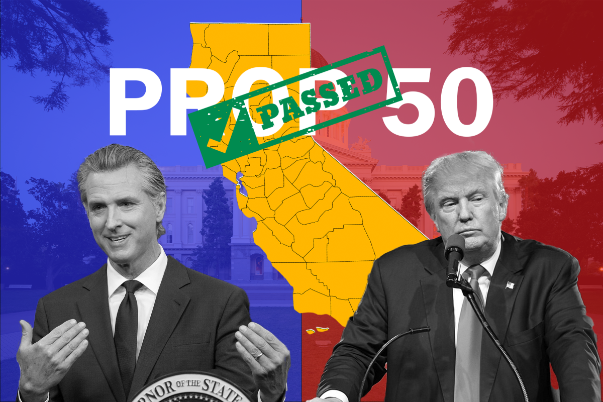 Gavin Newsom and Donald Trump were major figures in the Prop 50 push.

Credits: Office of the Governor of California, Public domain, via Wikimedia Commons
Gage Skidmore from Peoria, AZ, United States of America, CC BY-SA 2.0, via Wikimedia Commons
GlebRyabov, CC0, via Wikimedia Commons