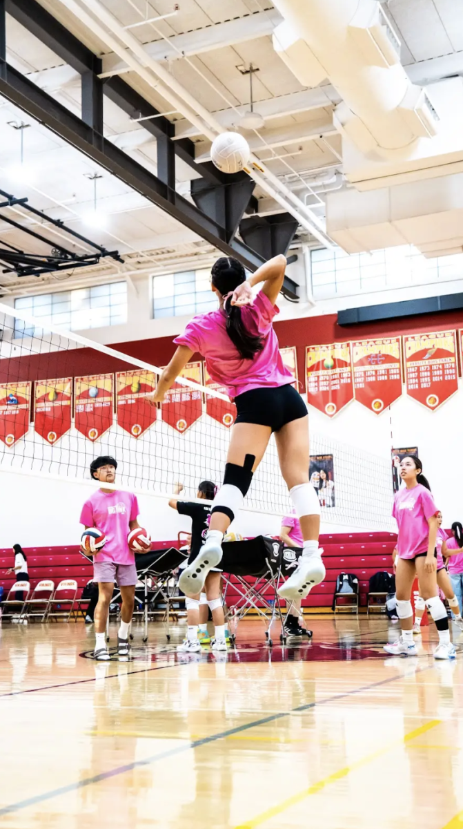 The Mills girls varsity volleyball team members warm up in 'Dig Pink' shirts for the Breast Cancer Awareness Month game. 
