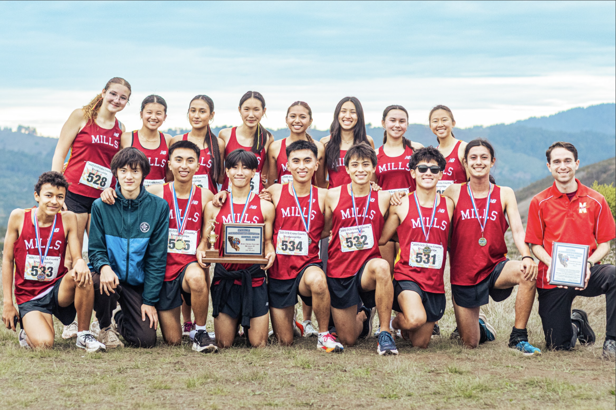 The Mills Cross Country Team poses for a photo after they win at Peninsula Athletic League. 