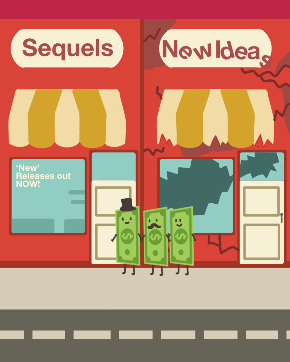 Money being portrayed as people going towards sequels instead of new ideas.
