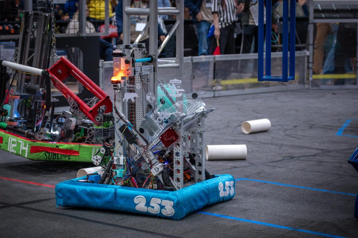 ManaTEA, the Boba Bots’ 2025 competition robot, rushes to park underneath the barge at the end of a match.

Photo By: Olive Aguilar (12)