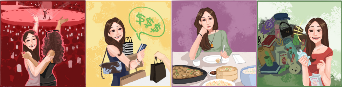 Concert, spending, eating, repeat. These patterns of habits frequently appear in teenagers around Millbrae. “Overconsumption” by Fiona Li (10), Thunderbolt Creative Committee Graphic Artist