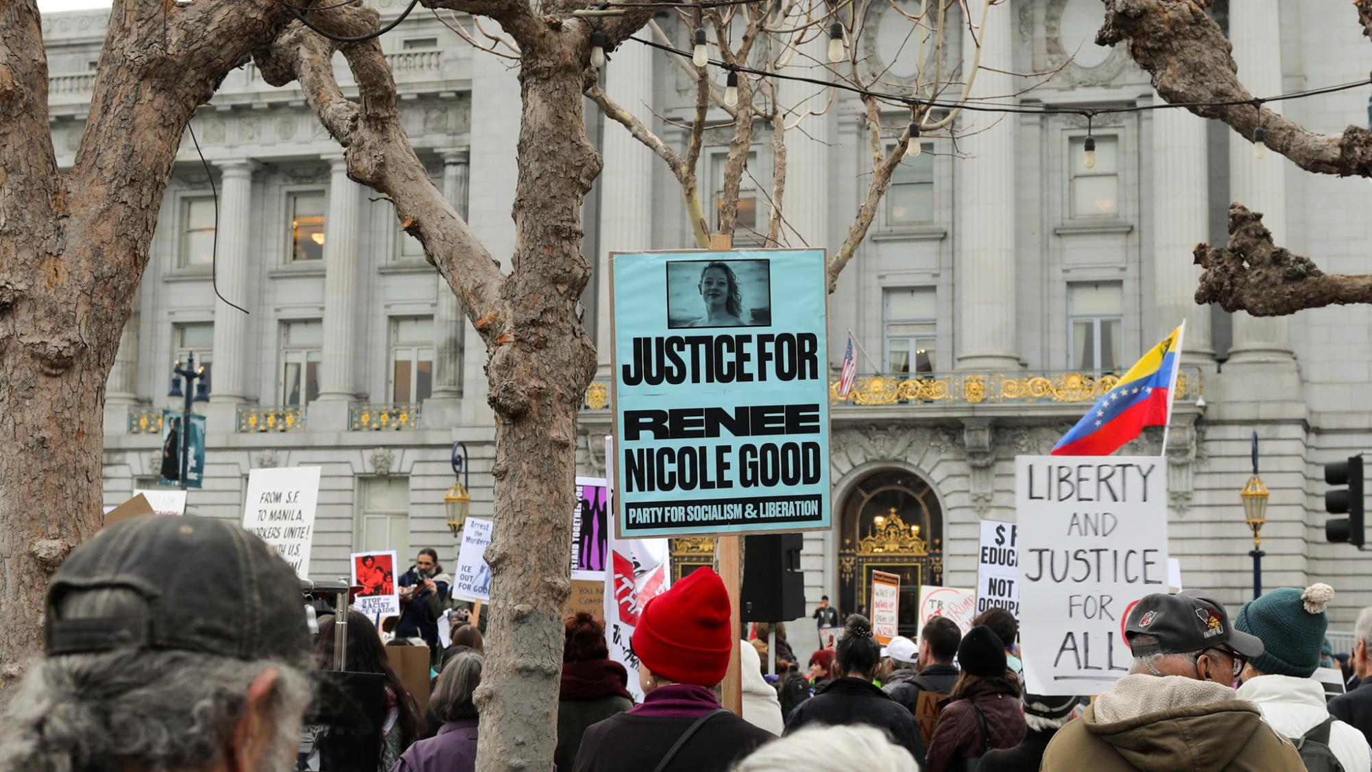 During the San Francisco Walkout, protesters held signs, demanding justice for Renee Good. (Marvin Loong / Mills High School)
