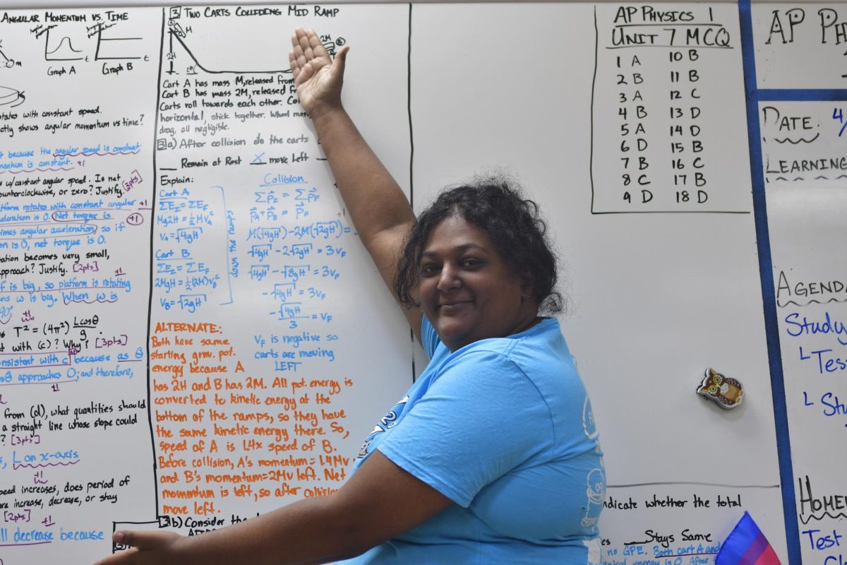 AP Physics C teacher Anjali Abraham showing notes for AP Physics.