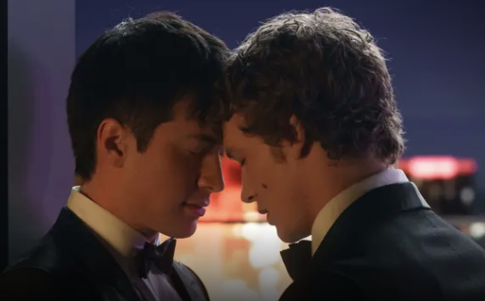 Emotional romantic scene with Ilya Rozanov and Shane Hollander from episode 1 of Heated Rivalry 